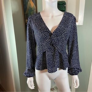 MINKPINK Navy Blue White Peplum Fleck Polka Dot Drop Top Blouse Shirt Medium M